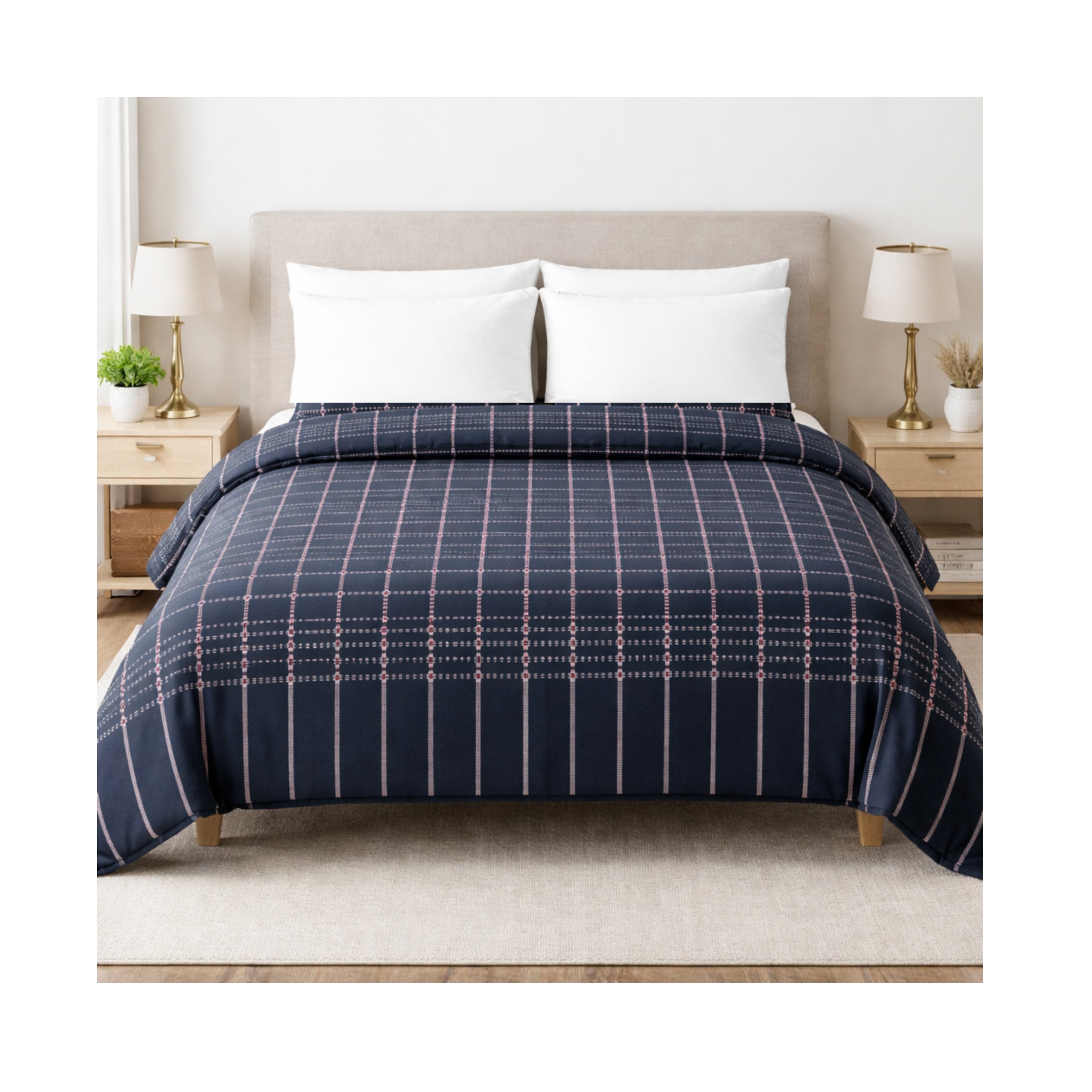 Button Star Cotton Blanket Double Bed - Dark Blue
