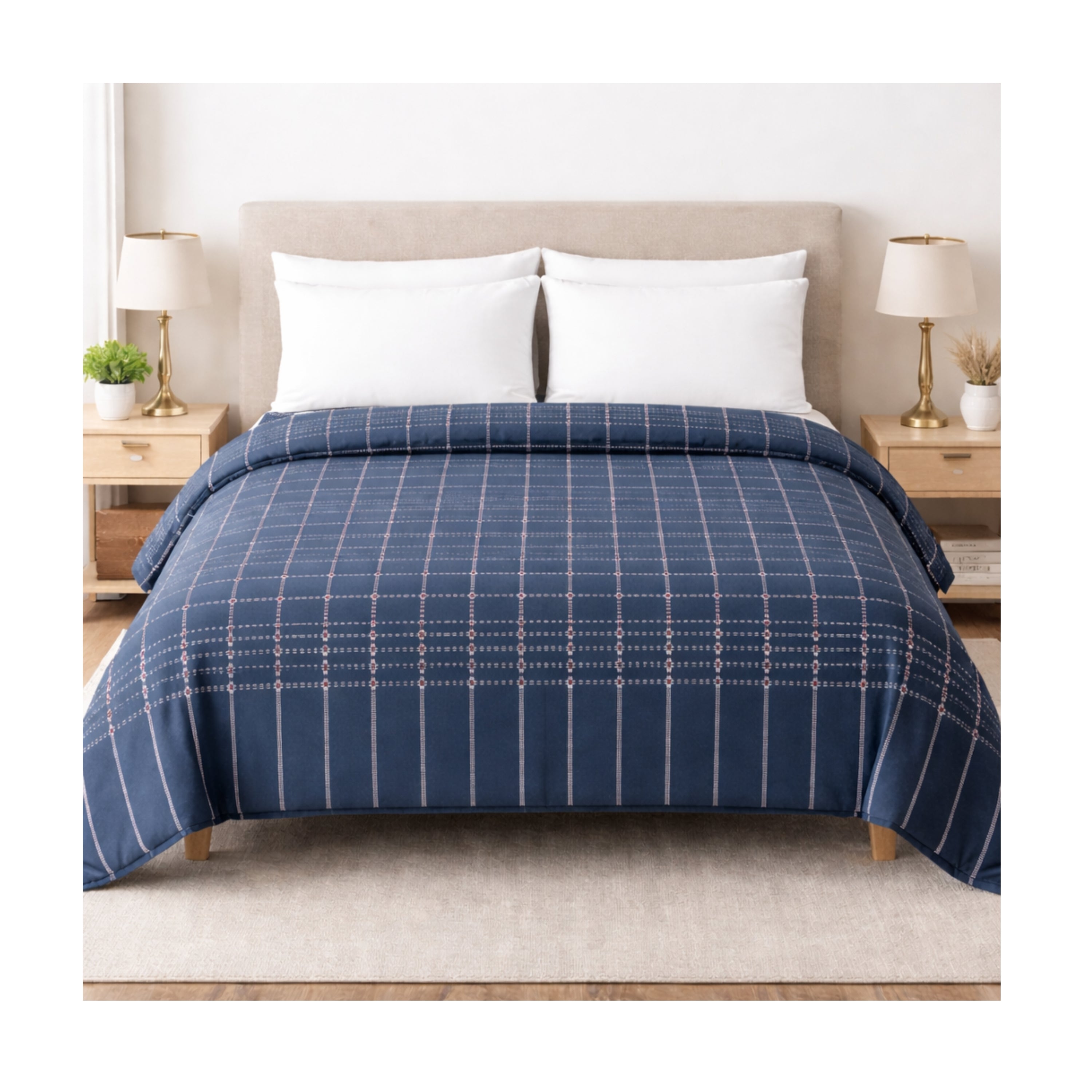 Button Star Cotton Blanket Double Bed - Denim Blue