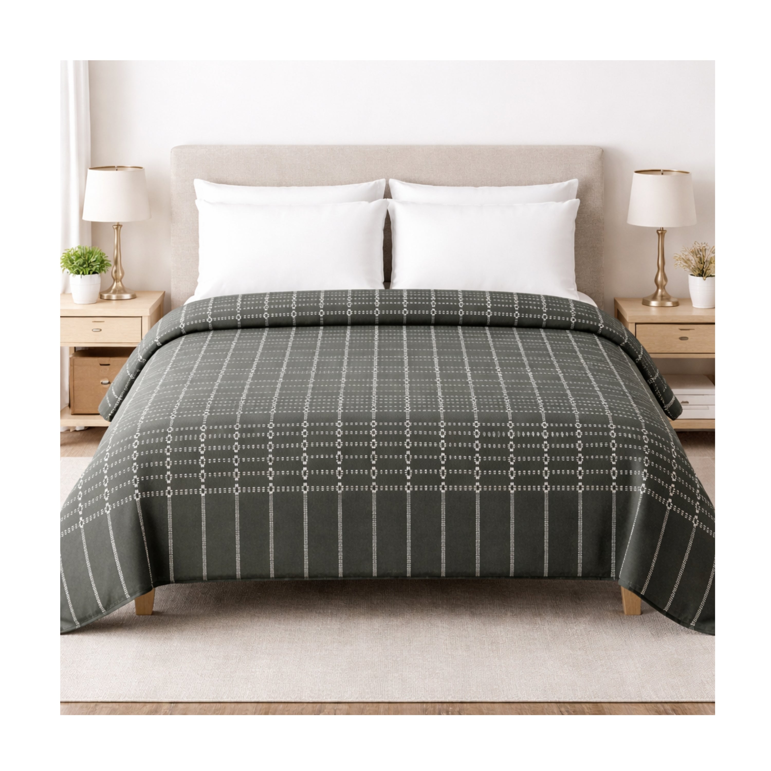 Button Star Cotton Blanket Double Bed - Greenish Grey