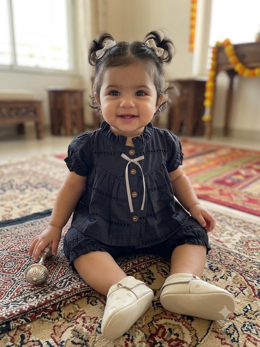 A toddler girl sitting on a patterned rug indoors, wearing a dark navy blue eyelet dress with cream ribbon accents and cream shoes.