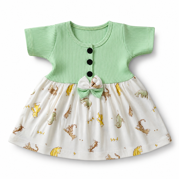Green Animal Center Button Frock (0-2Y)
