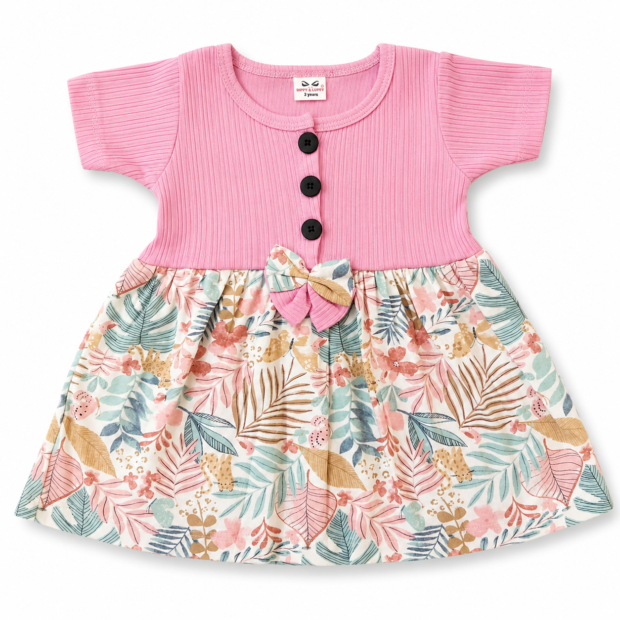 Pinky Leaf Center Button Frock (0–3 Years)