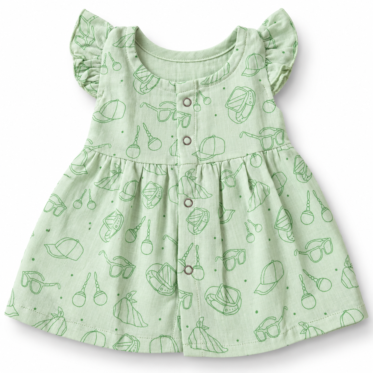 Muslin Front Open Button Mint Green Ruffled Frock (0M - 18M)