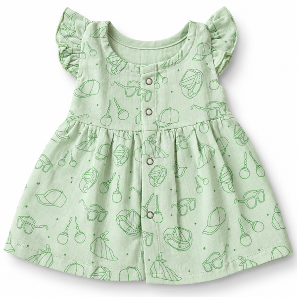 Muslin Front Open Button Mint Green Ruffled Frock (0M - 18M)