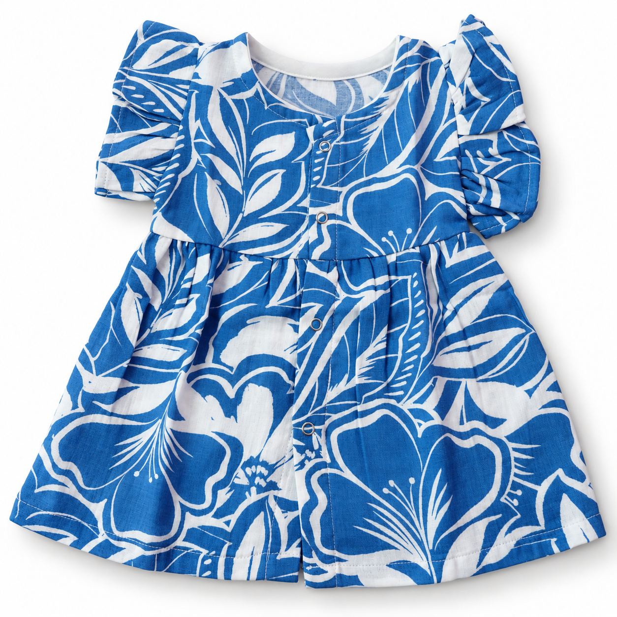 Muslin Front Open Button Blue and White Floral Frock (0M - 18M)