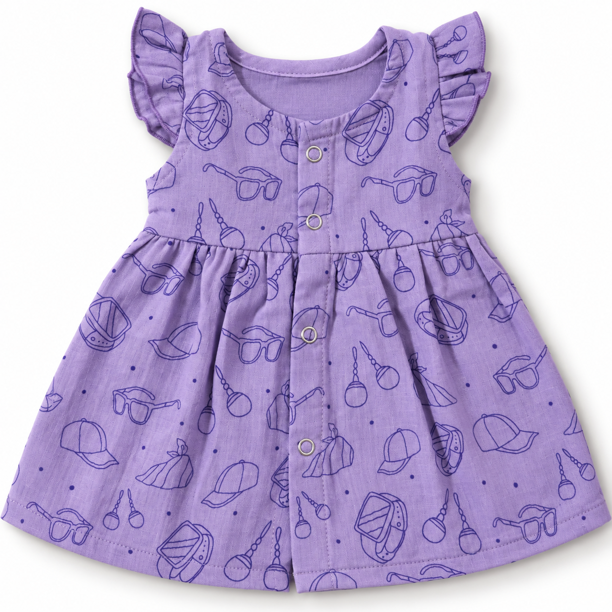 Muslin Front Open Button Lavender Ruffle Frock (0M - 18M)