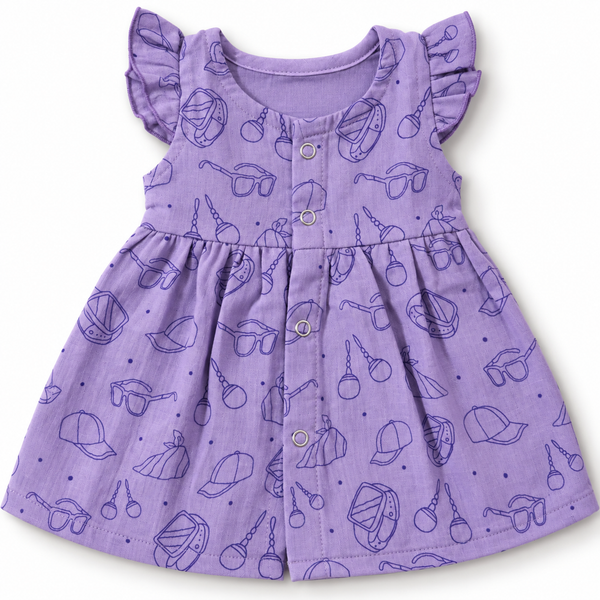 Muslin Front Open Button Lavender Ruffle Frock (0M - 18M)