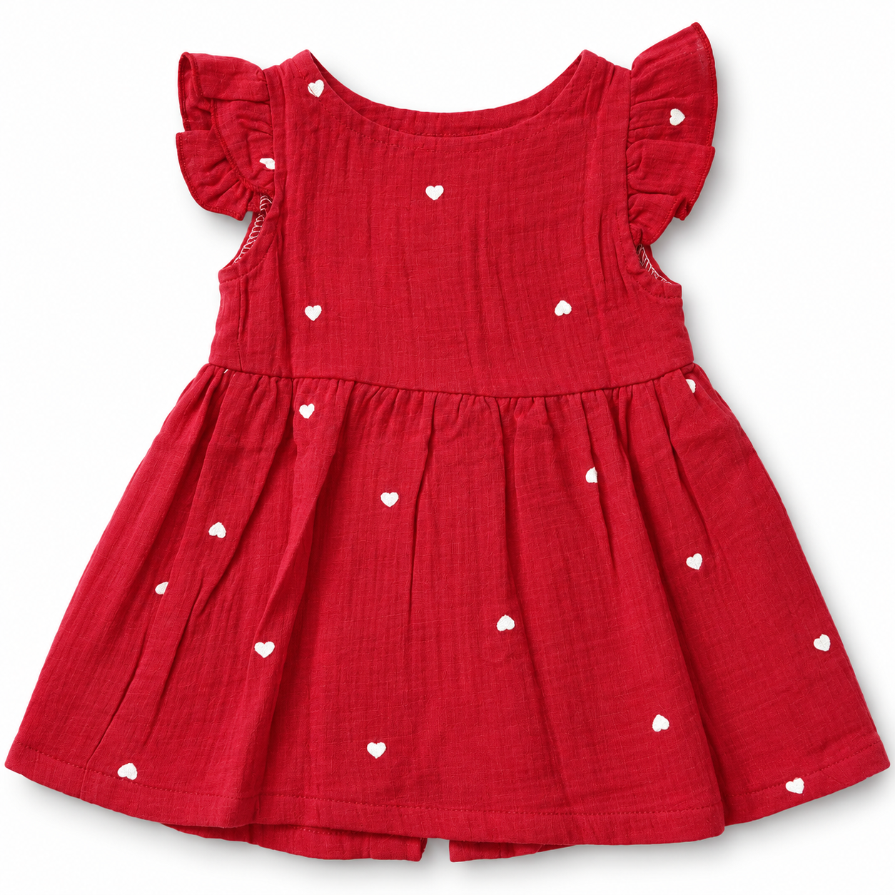 Muslin Front Open Button Red Heart Frock (0M - 18M)