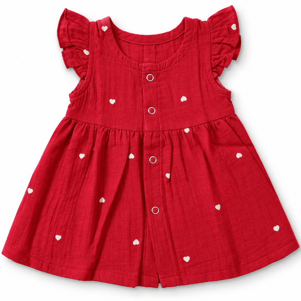 Muslin Front Open Button Red Heart Frock (0M - 18M)