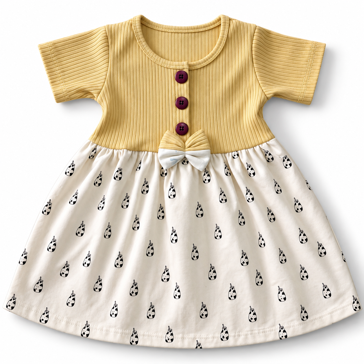 Mustard Ribbed Center Button Frock (2-5Y)