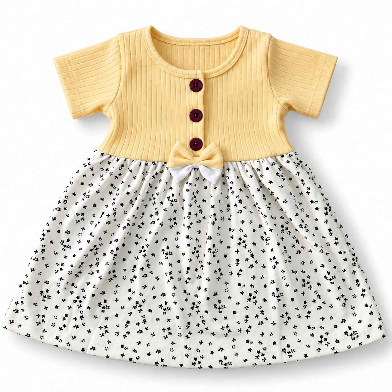 Pastel Yellow Center Button Frock (2-5Y)