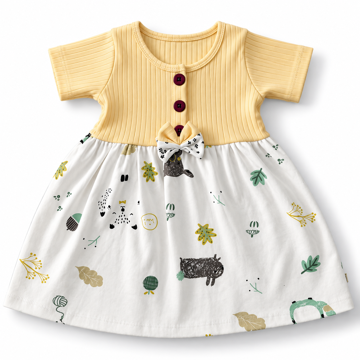 Pastel Yellow Center Button Frock (2-5Y)