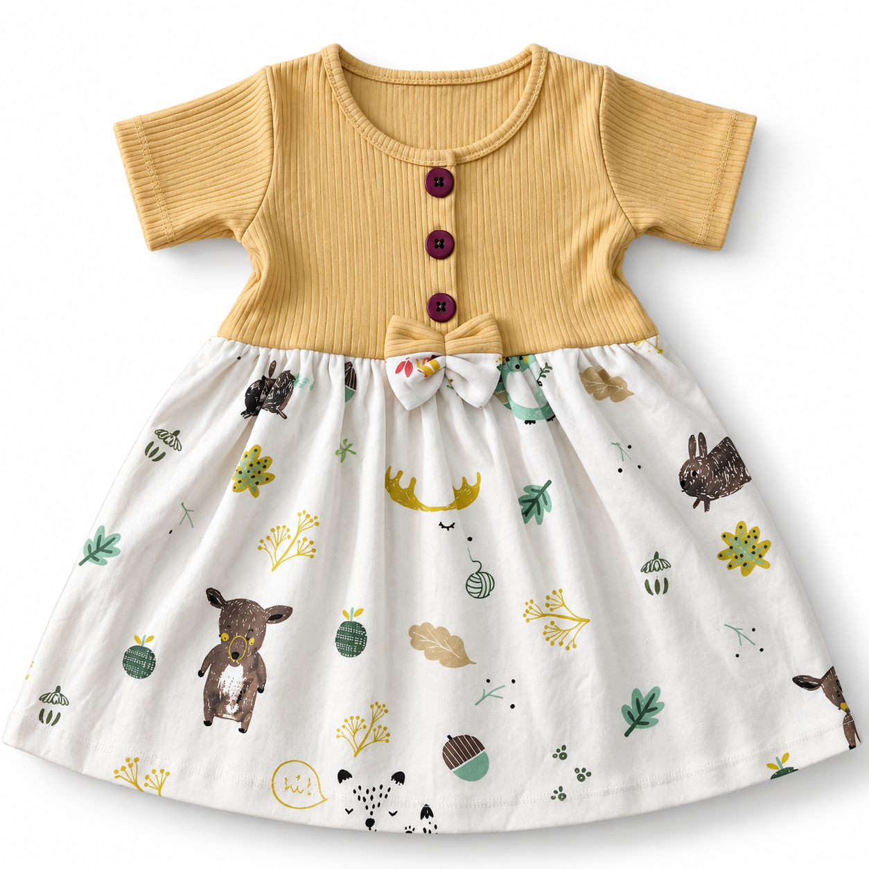 Mustard Ribbed Center Button Frock (2-5Y)