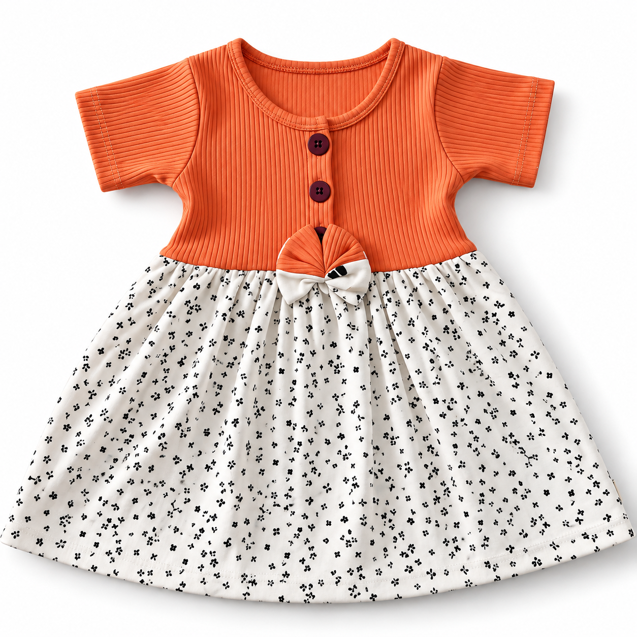 Coral Ribbed Bodice Center Button Frock (2-5Y)