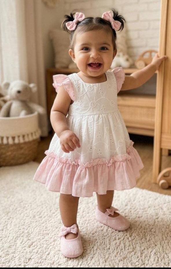 A smiling toddler girl wearing a white sleeveless dress with pink ruffle trim and matching pink bow hair accessories, standing in a softly lit nursery.