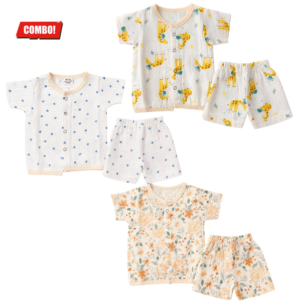 Muslin Half Sleeve Jabla Set (0–6 Months) Combo of 3